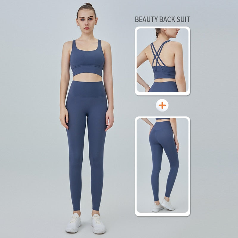 Women Naked feeling Gym Leggings Two-Piece-Code Blue