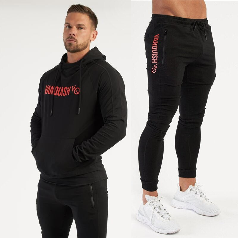 Men Fitness Cotton Printed Hoodie Trousers black red