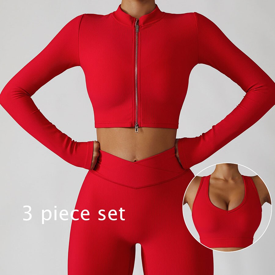 Women 2 Piece Gym Long Sleeve Jacket red 3-piece set