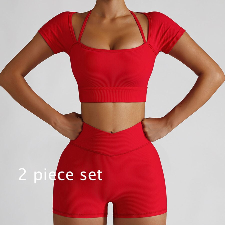 Women 2 Piece Gym Long Sleeve Jacket red 2-piece set 3