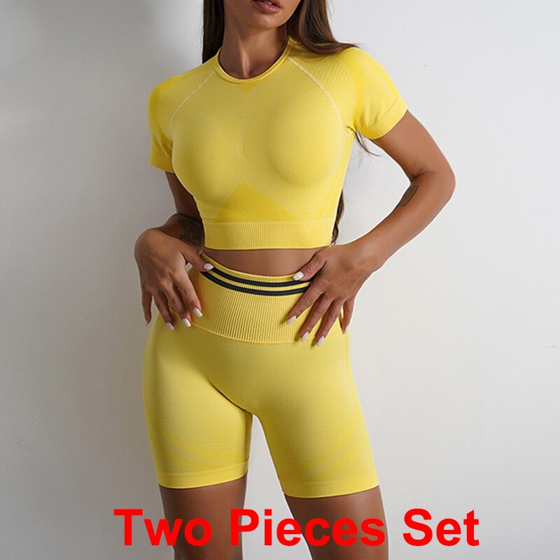 High Waist Seamless Yoga Sets yellow short sets