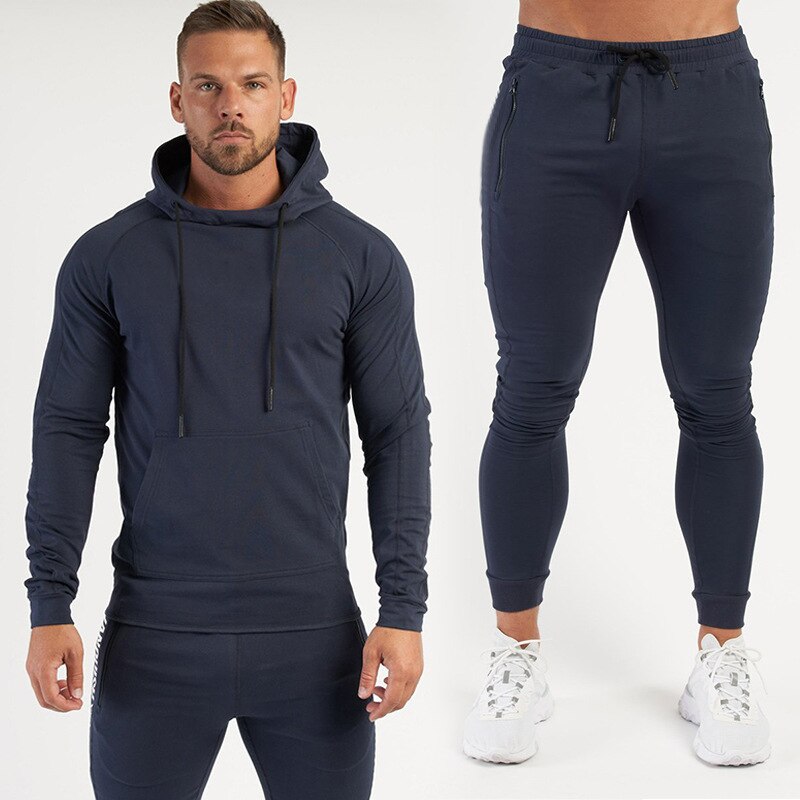 Men Fitness Cotton Printed Hoodie Trousers navy no logo