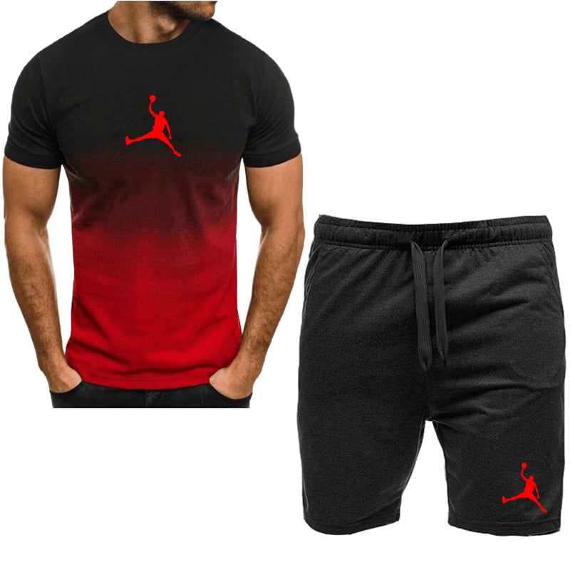 Men Cotton Short Sleeve T-shirt Set red-black-F