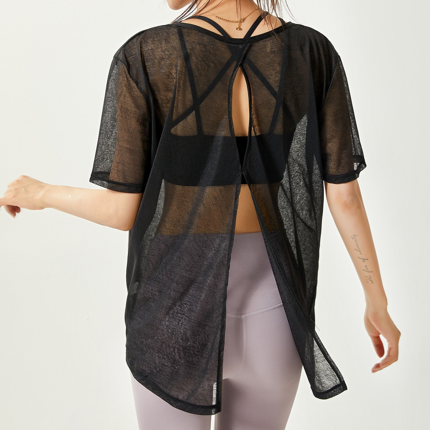 Thin Loose Backless Slit Yoga Shirts QDX146-Star Black