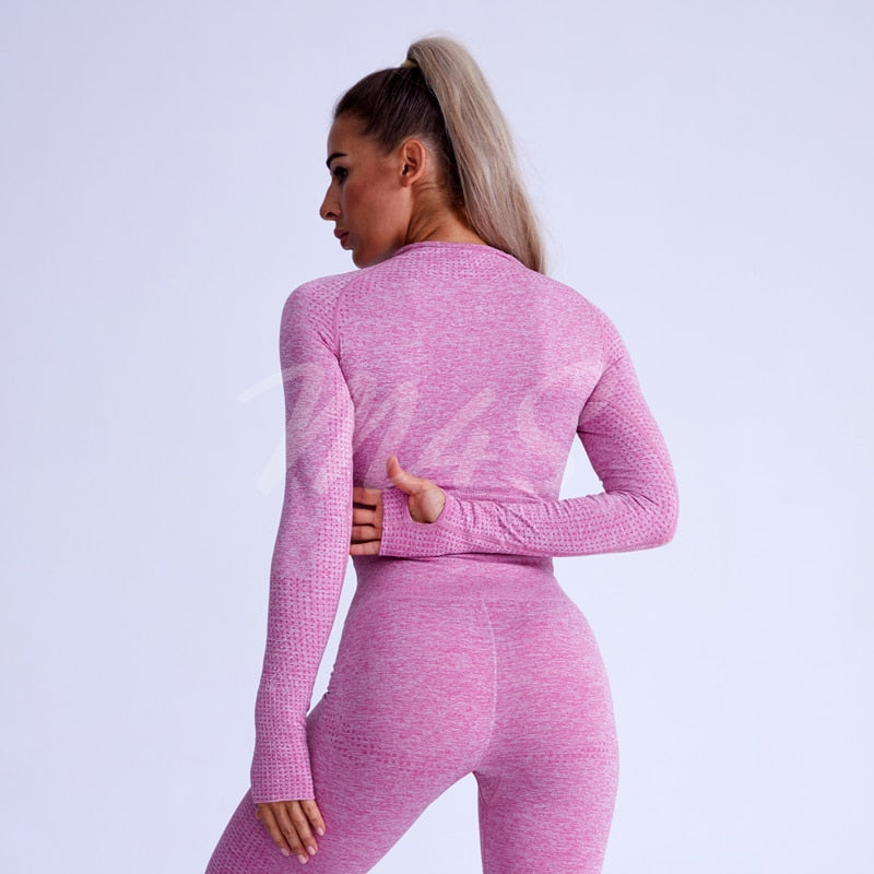 Seamless Ribbed Women Yoga Set 915 pink set