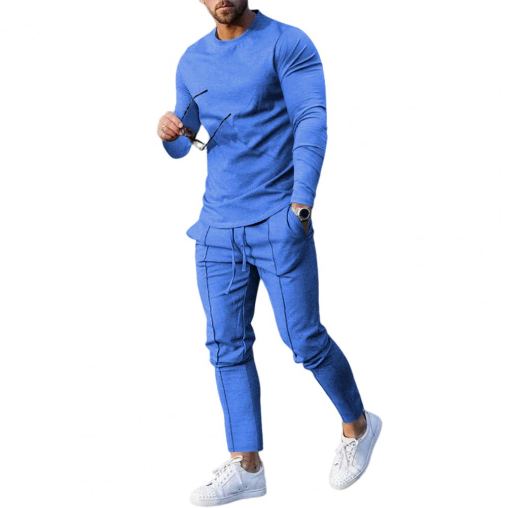 Men Casual Solid Sports Long Sleeved Set Light Blue