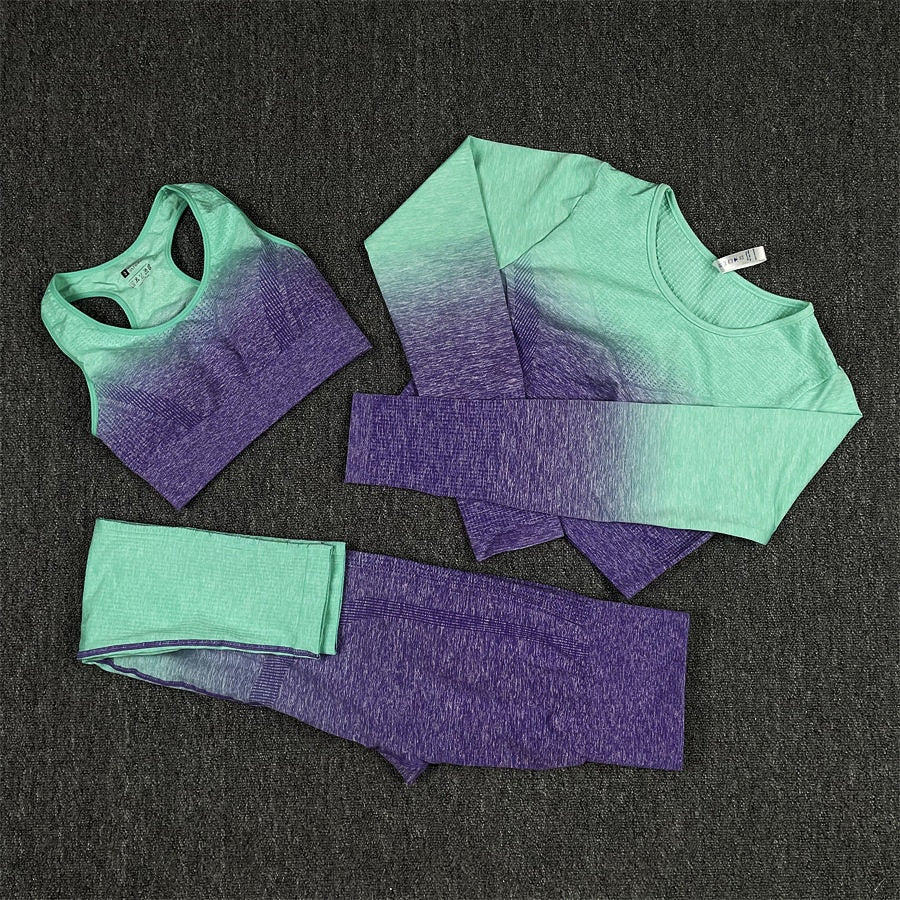 Seamless Women Crop Top Yoga Set Purple 3Pcs Set