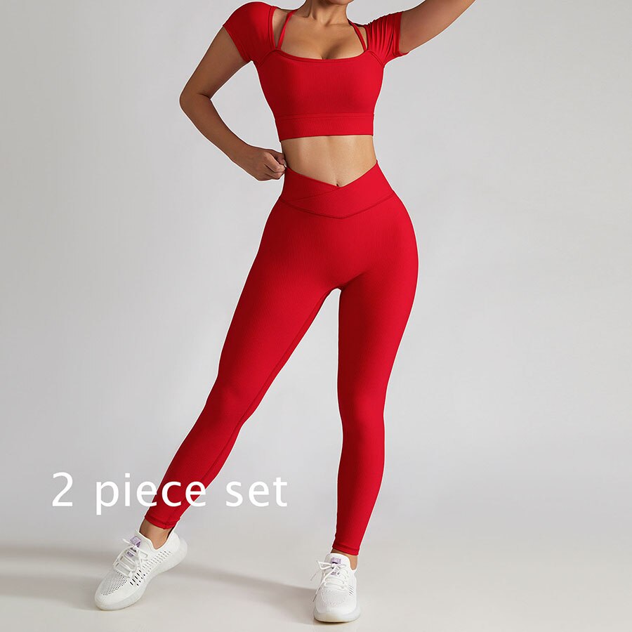 Women 2 Piece Gym Long Sleeve Jacket red 2-piece set 1