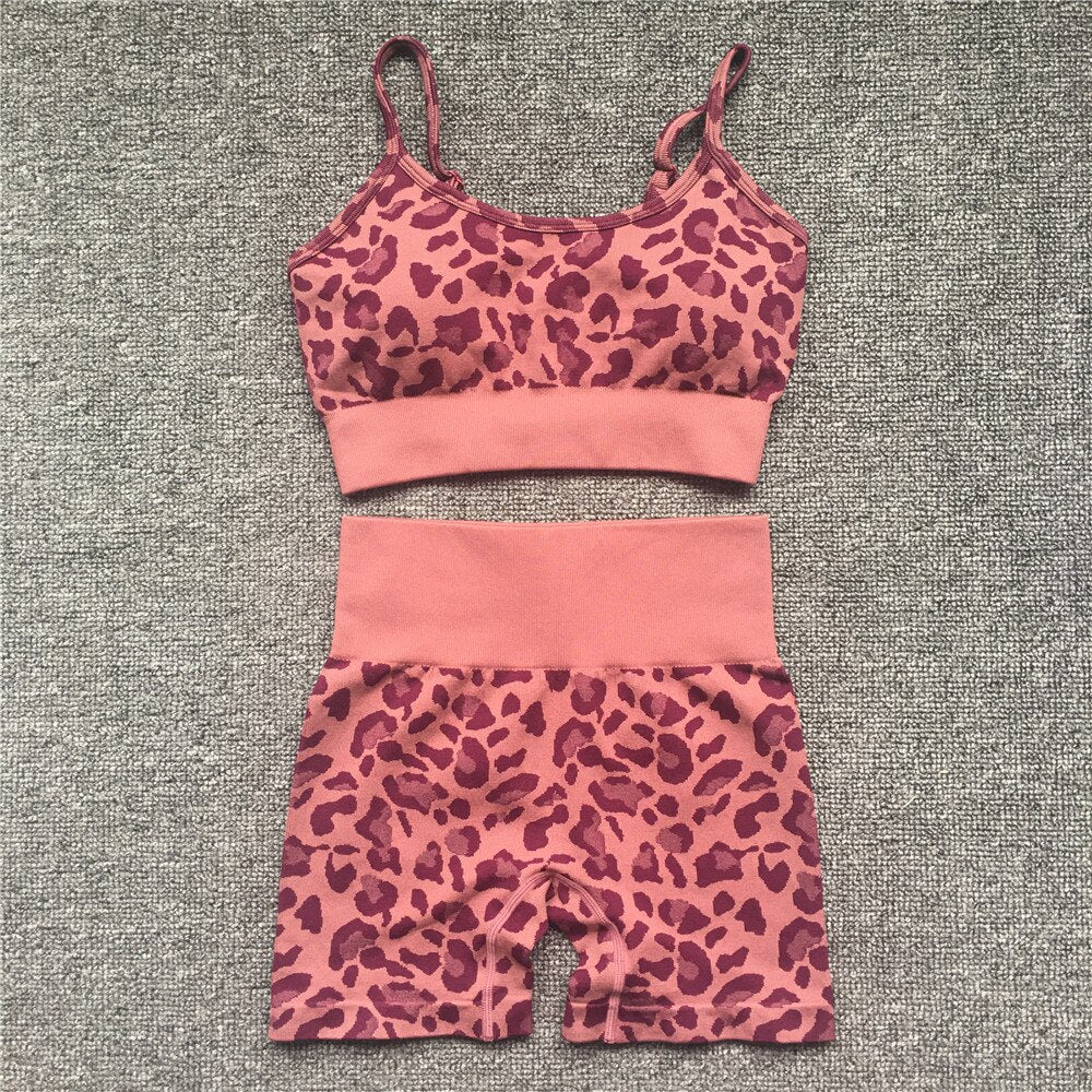 Women Leopard High Neck Sport Suits red bra st set