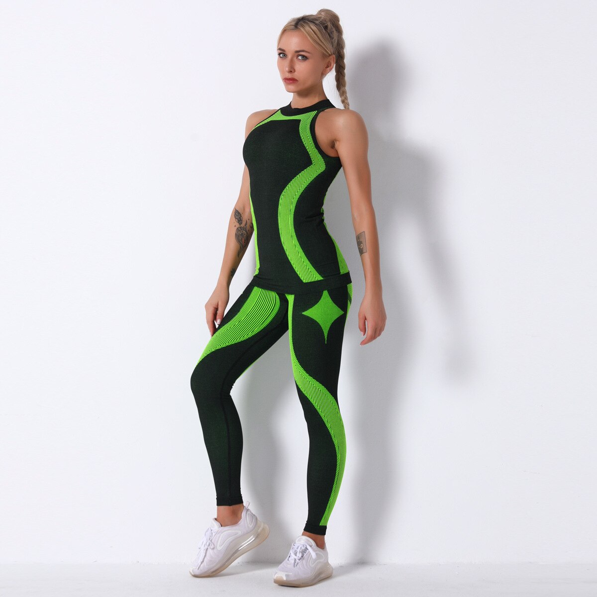 Women Long Sleeve Gym Clothes BlackGreen Set3