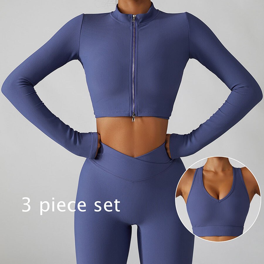 Women 2 Piece Gym Long Sleeve Jacket purpl 3-piece set