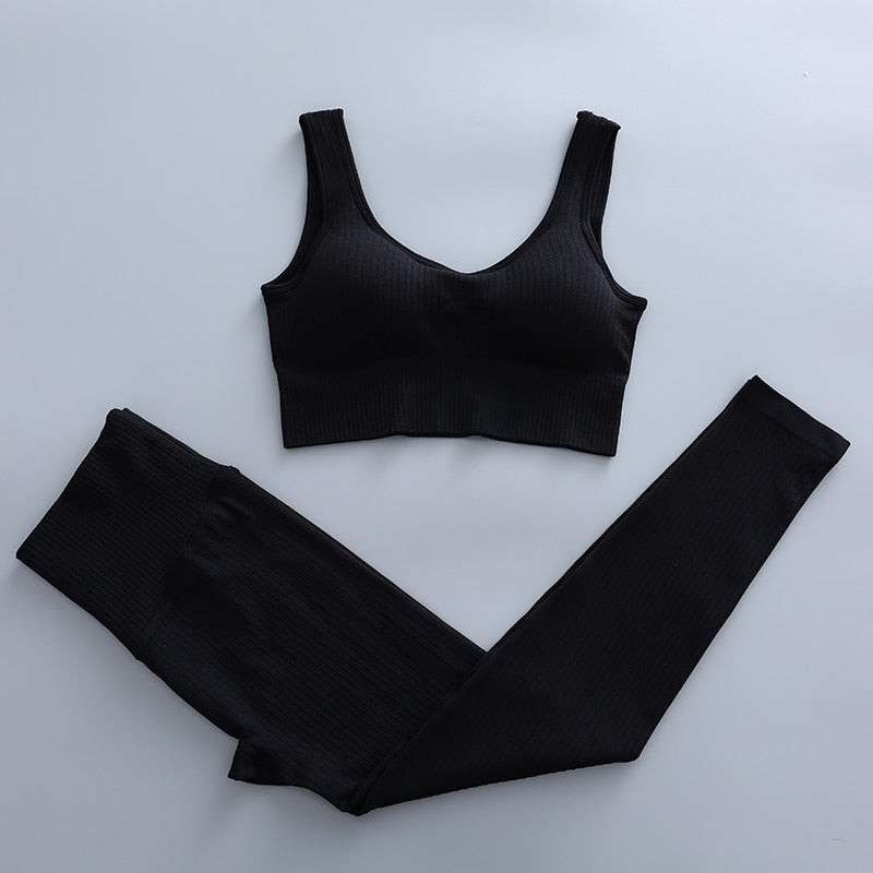 Women Seamless Workout Gym Wear Suits black bra set