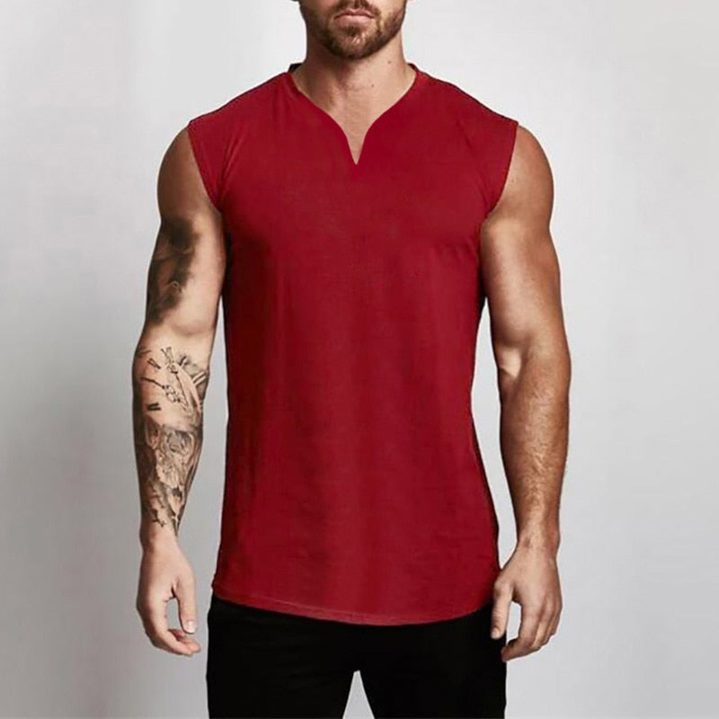 Plain Cotton V-neck Fitness Tank Top Red