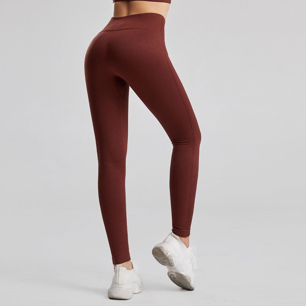 Women Seamless Push Up Ribbed Pants Brown