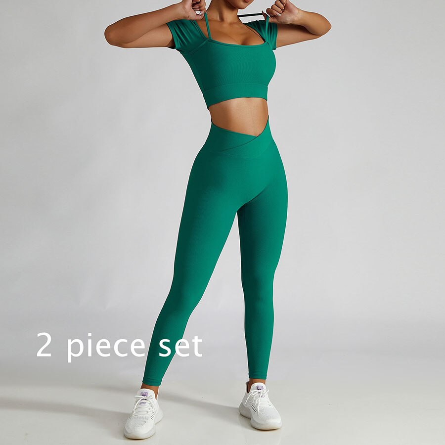 Women 2 Piece Gym Long Sleeve Jacket green 2-piece set 1