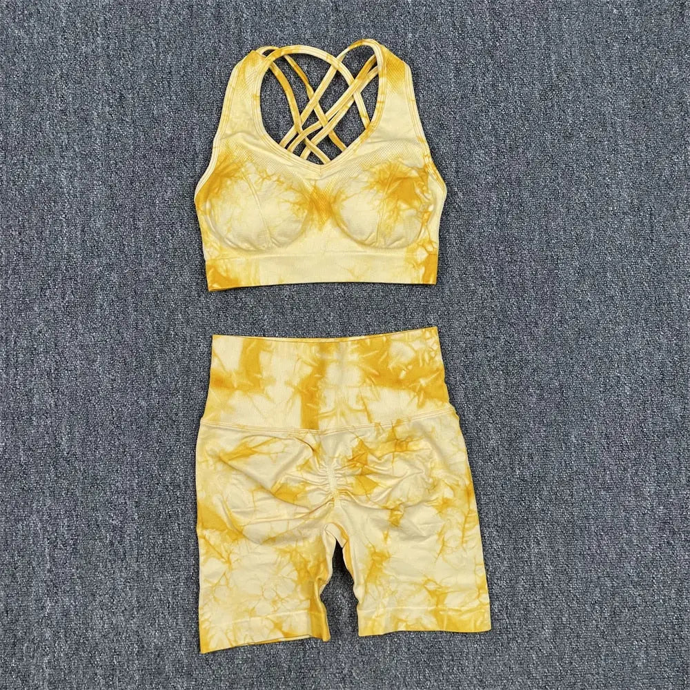 Women High Waist Yoga Set Yellow Bra Shorts S