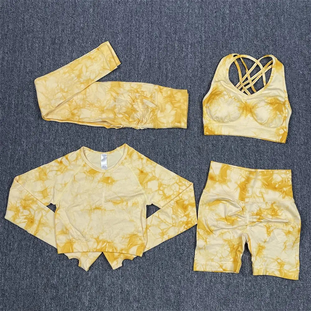 Women High Waist Yoga Set Yellow 4Pcs Set S