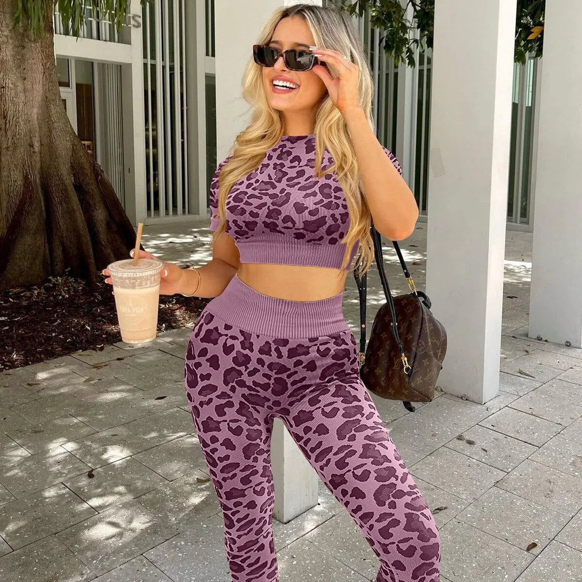 Women Seamless Leopard Yoga Sets Purple
