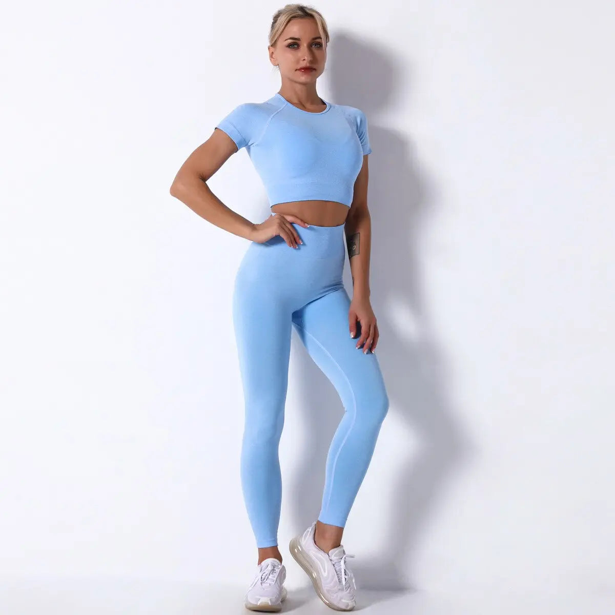 Women Seamless Workout Outfits Sets Blue-Top Pant Set