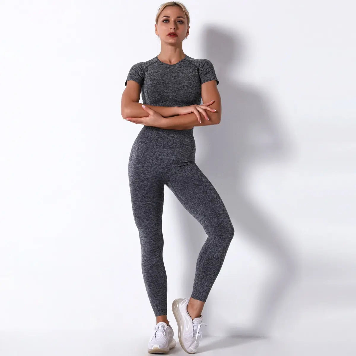 Women Seamless Workout Outfits Sets Grey-Top Pant Set