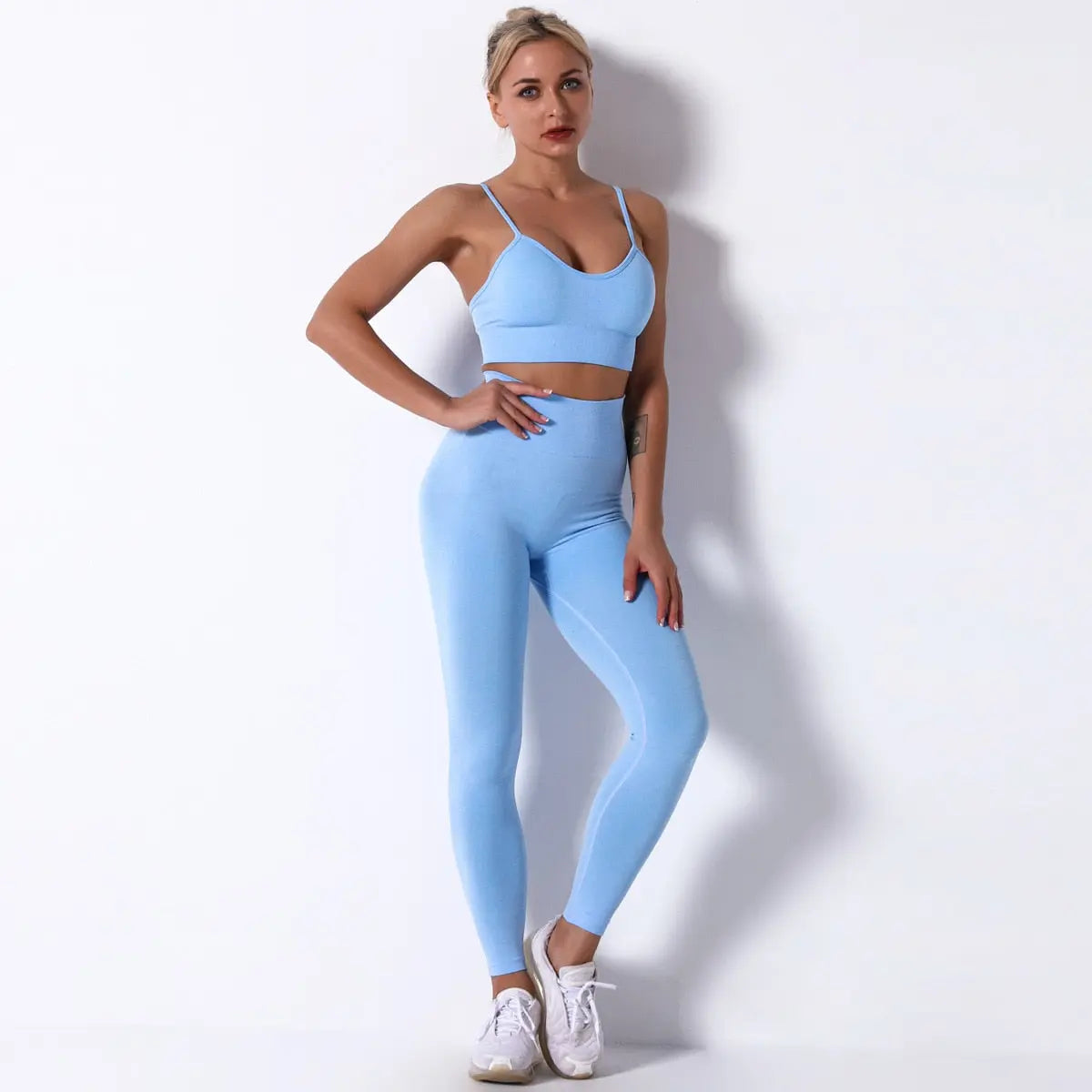 Women Seamless Workout Outfits Sets Blue-Bra Pant Set