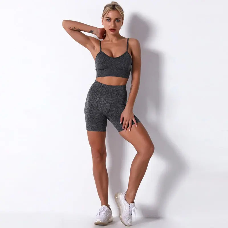 Women Seamless Workout Outfits Sets Grey-Bra Short Set