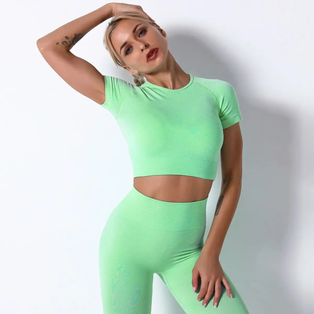 Women Seamless Workout Outfits Sets Green-Top Pant Set