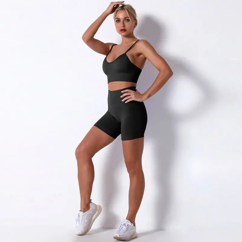 Women Seamless Workout Outfits Sets Black-Bra Short Set