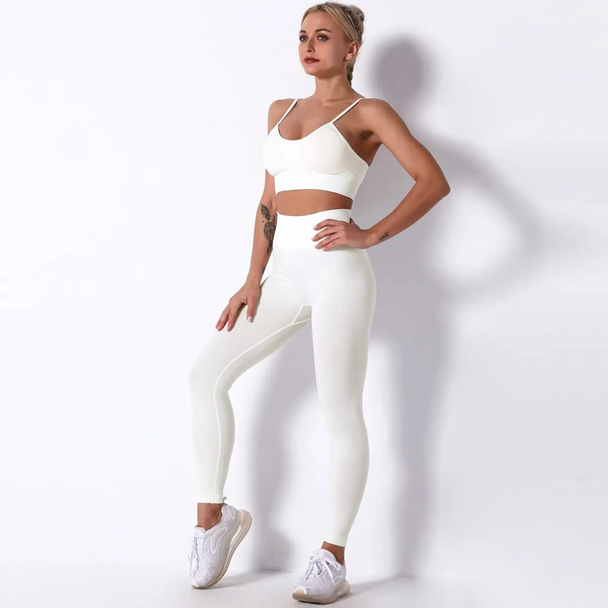 Women Seamless Workout Outfits Sets White-Bra Pant Set