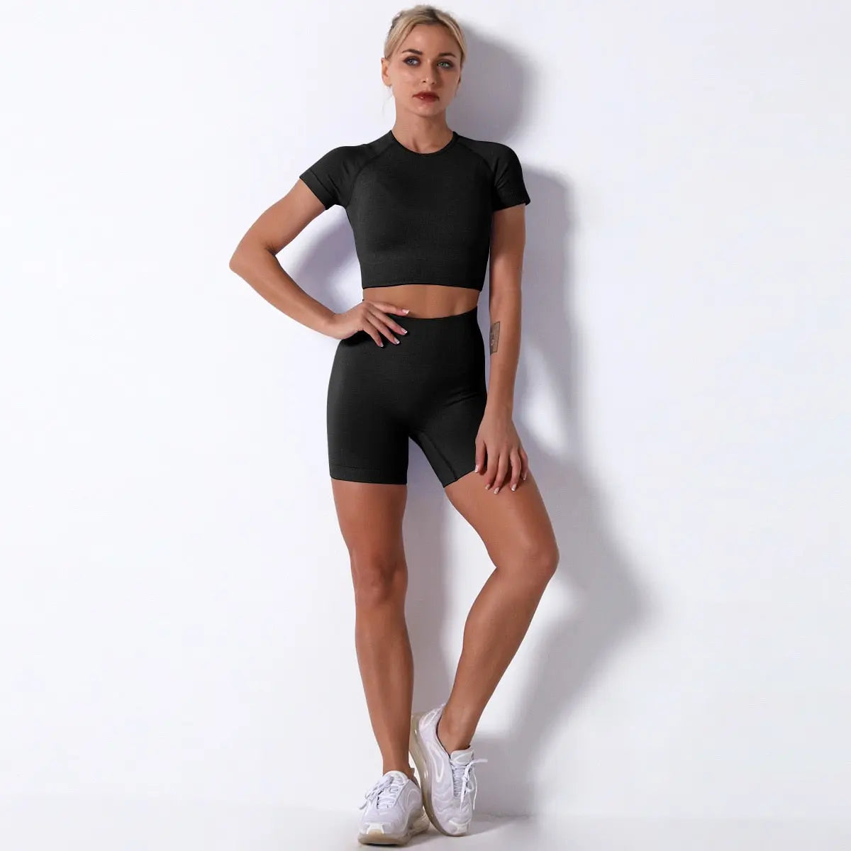 Women Seamless Workout Outfits Sets Black-Top Short Set