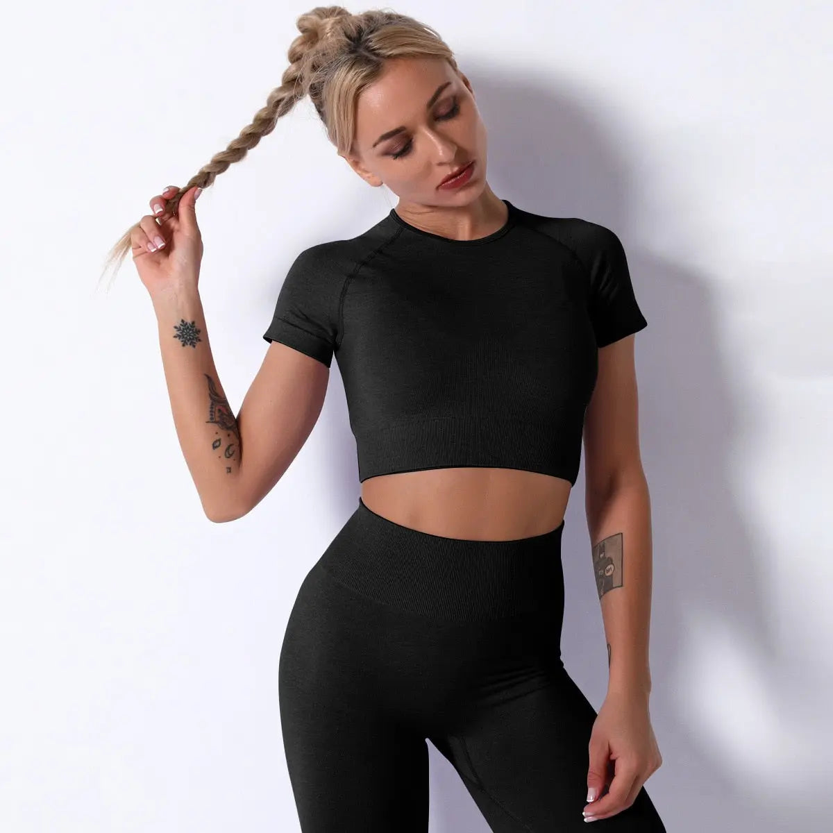 Women Seamless Workout Outfits Sets Black-Top Pant Set