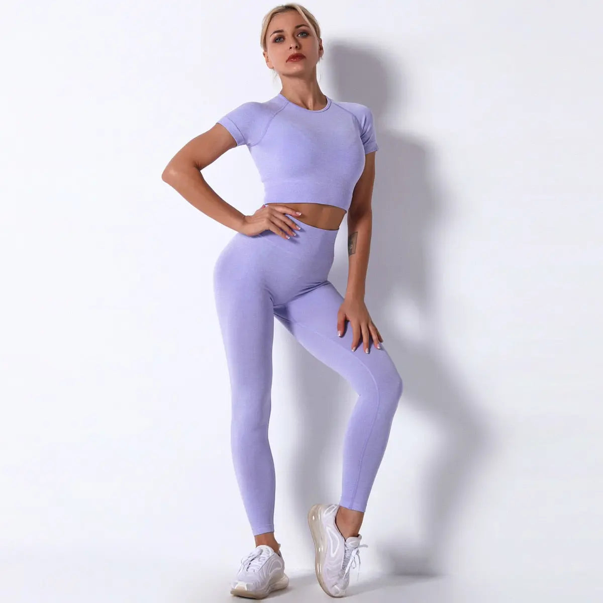 Women Seamless Workout Outfits Sets Purple-Top Pant Set