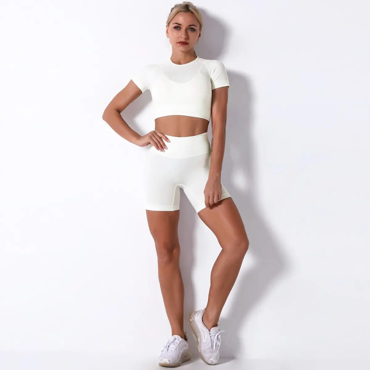 Women Seamless Workout Outfits Sets White-Top Short Set