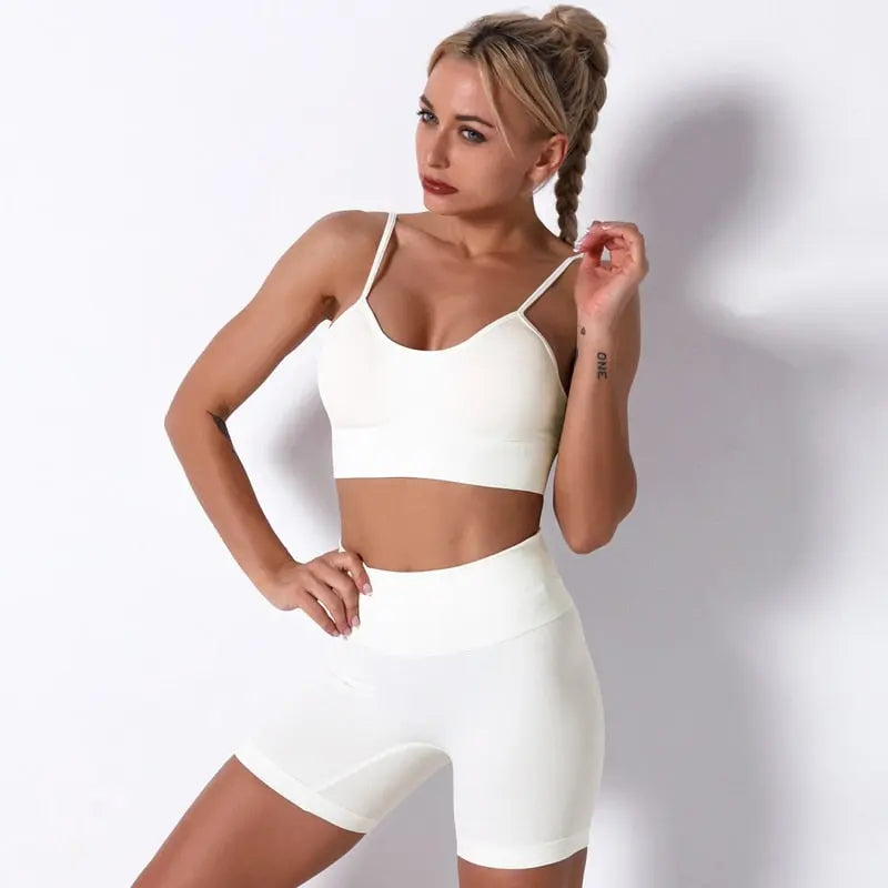 Women Seamless Workout Outfits Sets White-Bra Short Set