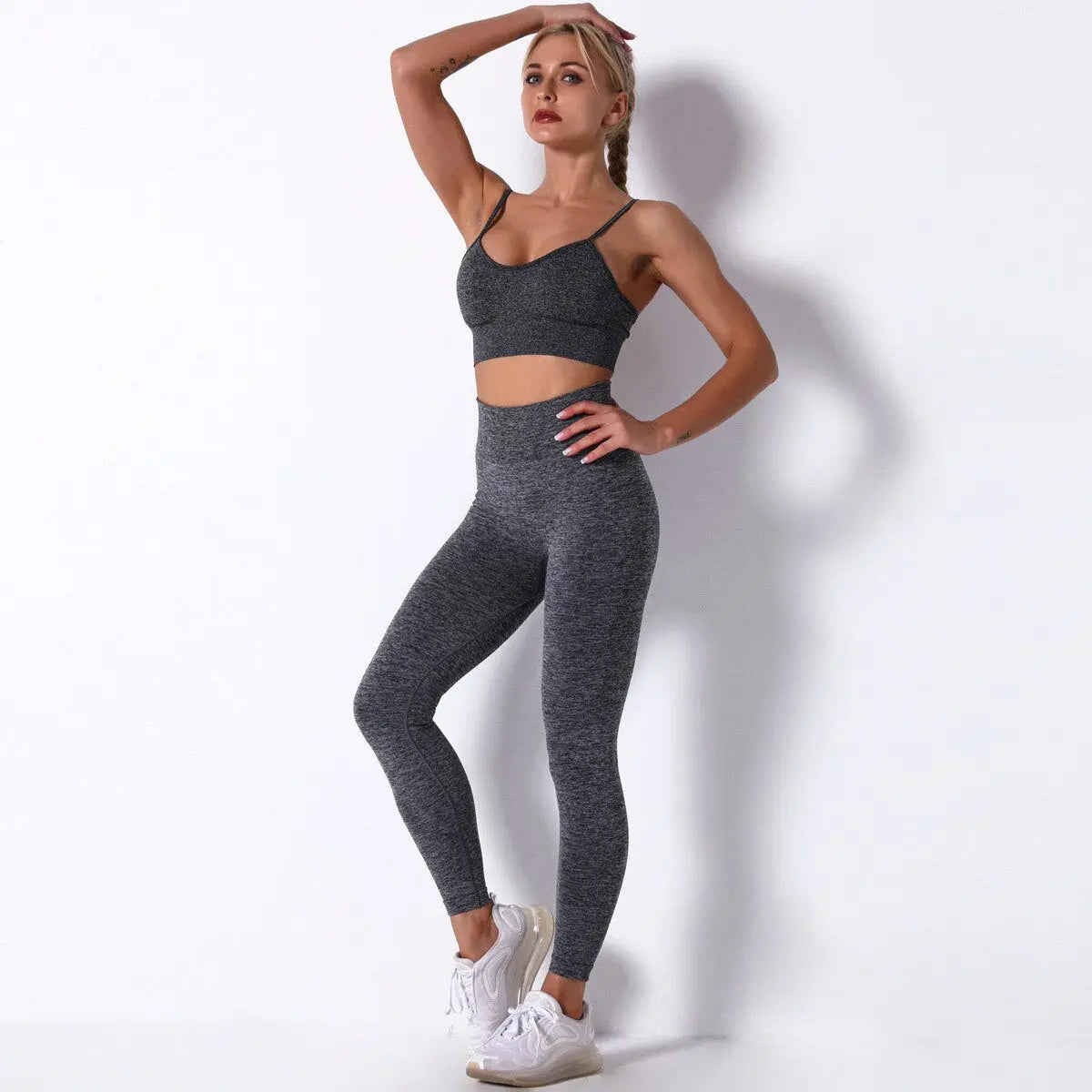 Women Seamless Workout Outfits Sets Grey-Bra Pant Set