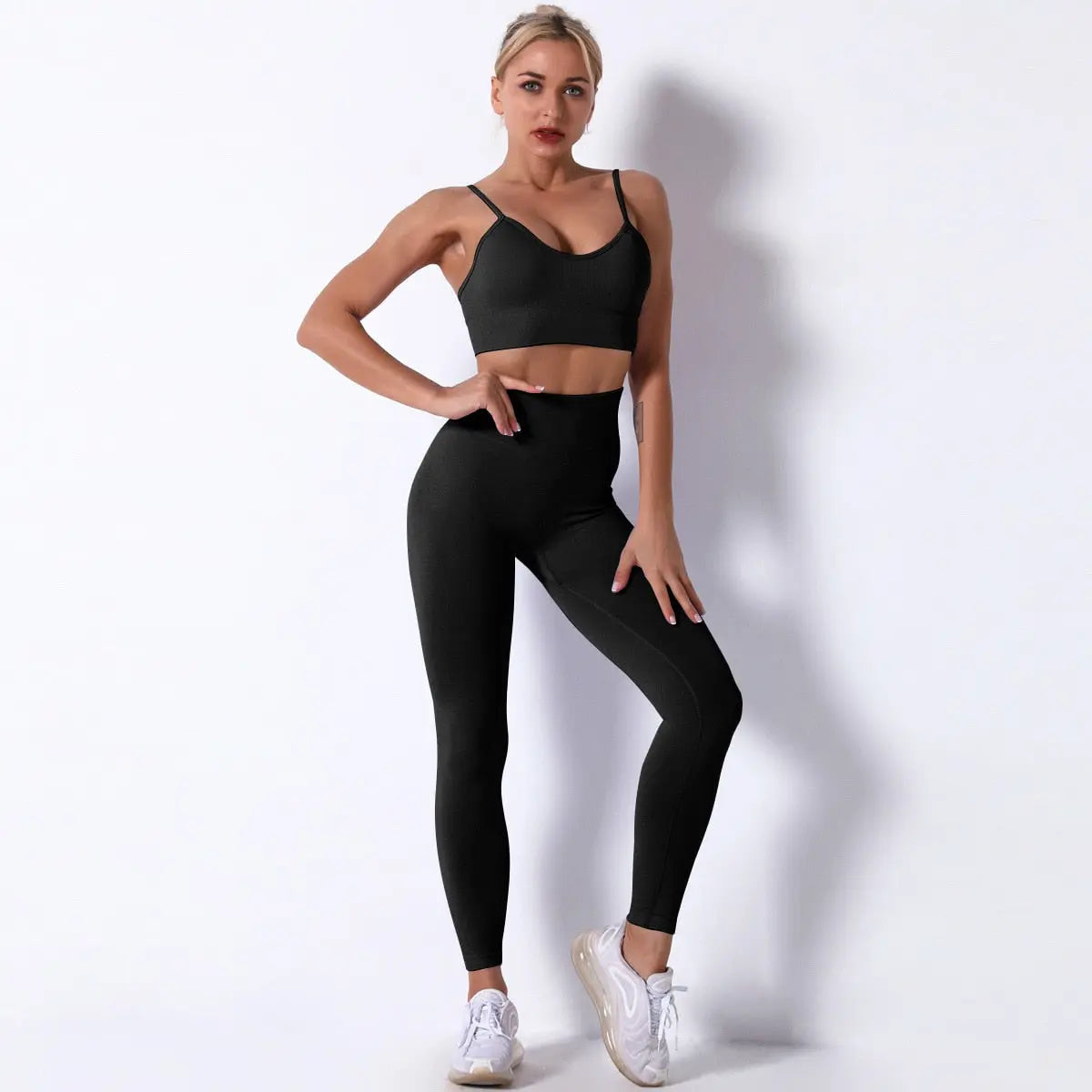 Women Seamless Workout Outfits Sets Black-Bra Pant Set