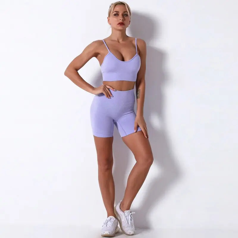 Women Seamless Workout Outfits Sets Purple-Bra Short Set