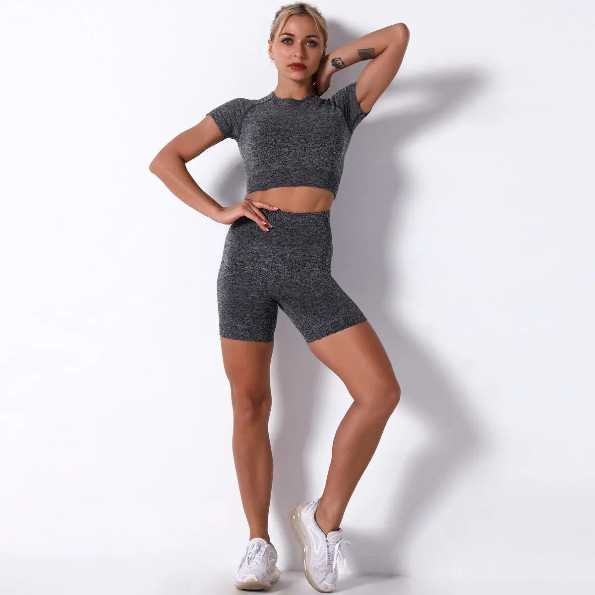 Women Seamless Workout Outfits Sets Grey-Top Short Set