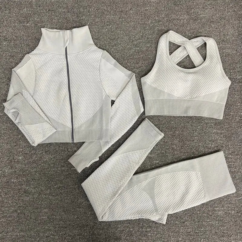 Women Sports Fitness Seamless Yoga Suit Grey white 3
