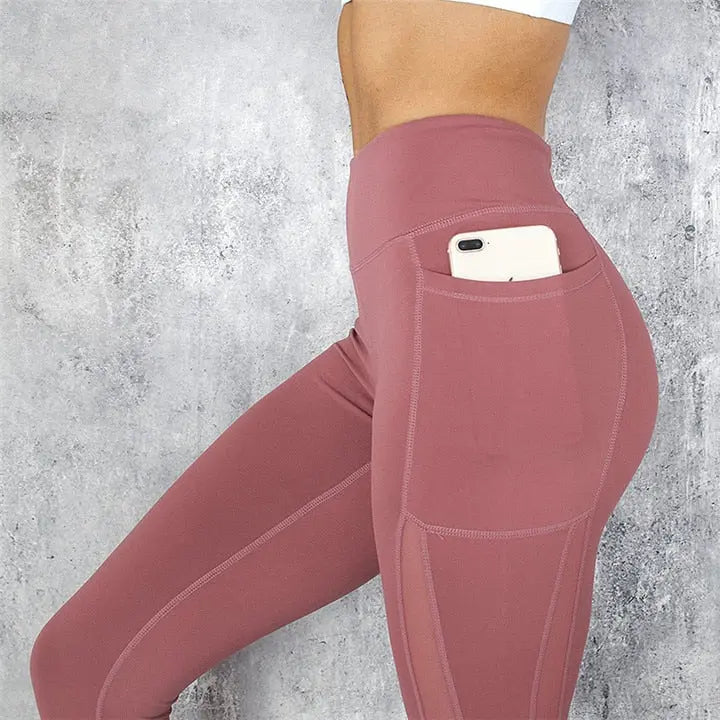 Women's High Waist Pocket Workout Leggings Bean Red