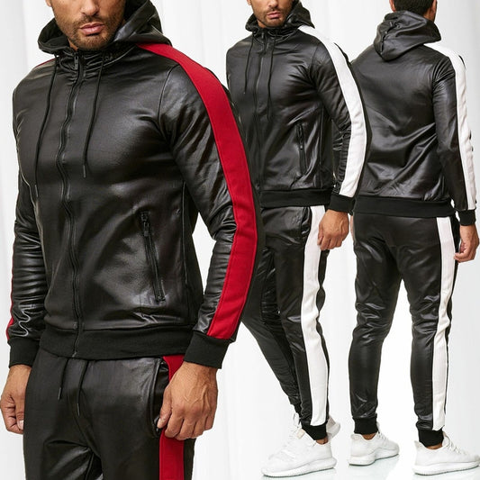 Men PU Leather Hoodies Set