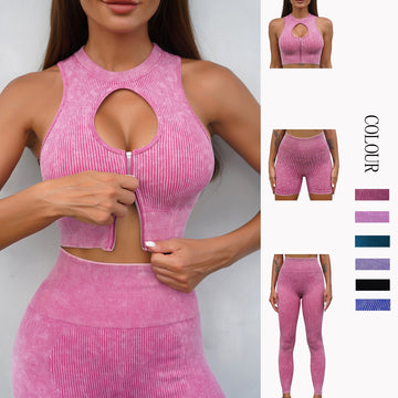 Sexy 1/2 Piece Rib Washed Seamless Yoga Set